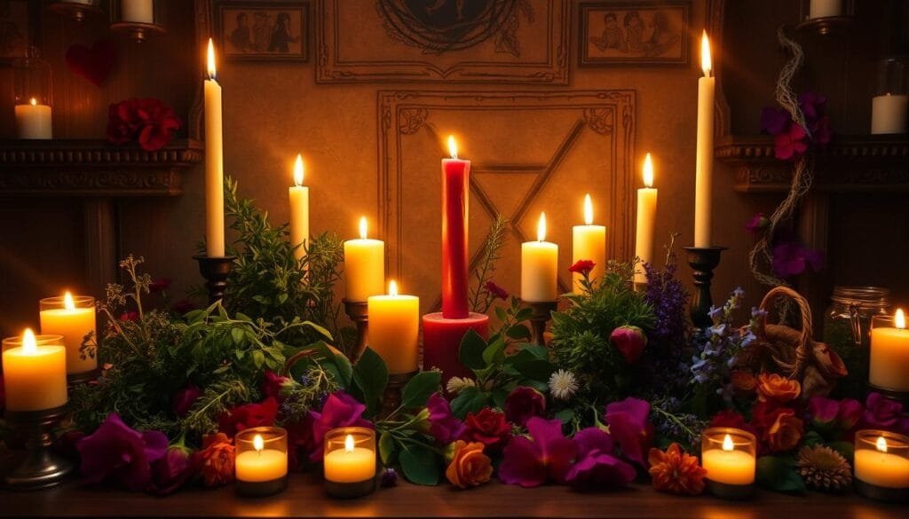 Velas e ervas para rituais de amor