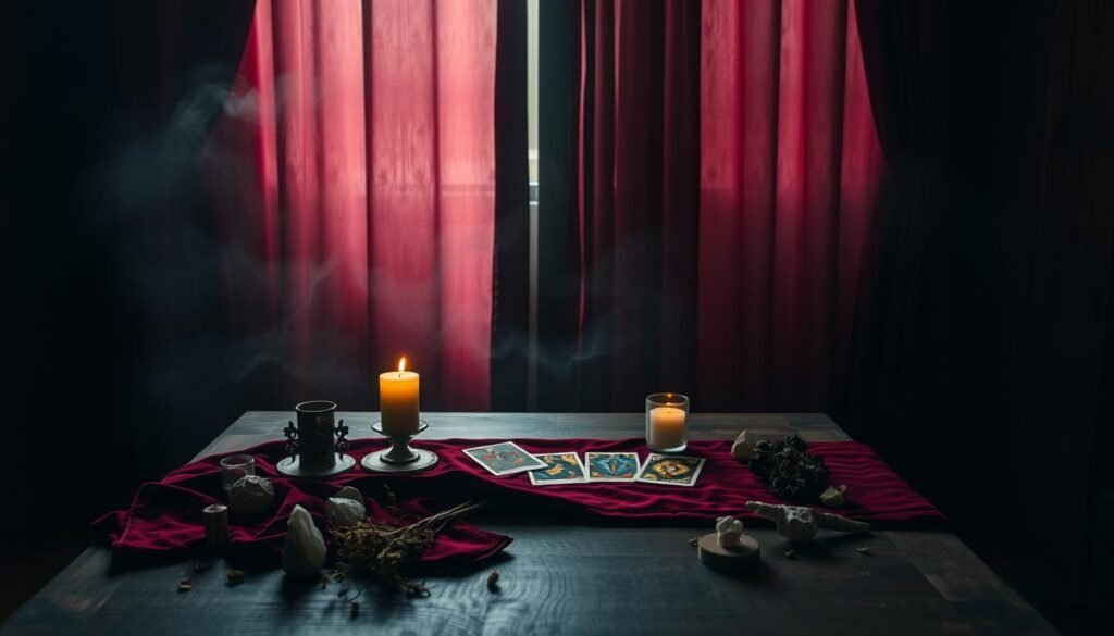 Ambiente preparado para leitura de tarot místico com elementos naturais