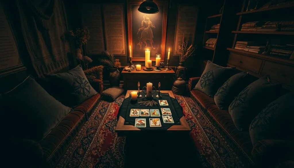 ambiente preparado para leitura de tarot