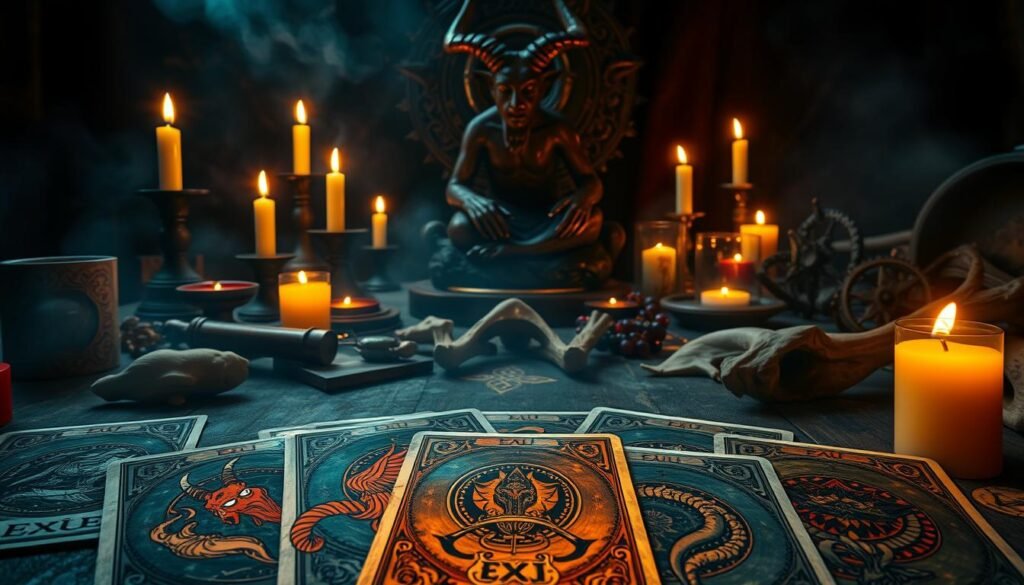 cartas de tarot exu e símbolos espirituais