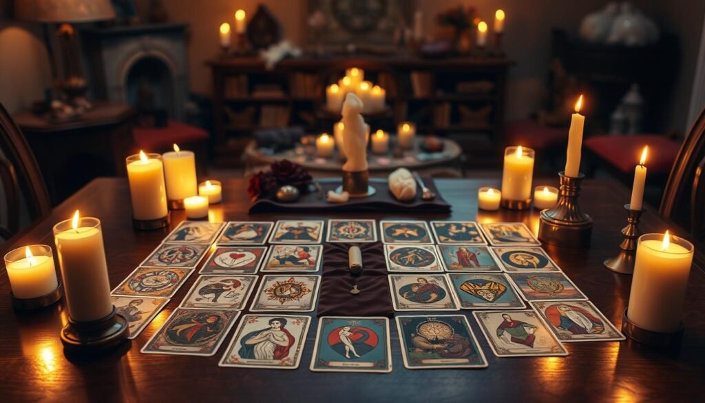 A beautifully arranged Celta Cross Tarot spread on an elegant wooden table, surrounded by soft, ambient candlelight that casts warm glows and gentle shadows. In the foreground, an intricately designed tarot card layout shows various cards depicting symbols of love and destiny. The cards are exquisitely illustrated with rich colors and mystical imagery. In the middle, a velvet cloth adds depth and texture to the scene. The background features ethereal, blurred elements of a cozy, dimly lit room filled with metaphysical decor, like crystals and astrological motifs. The mood is mystical and contemplative, inviting viewers to explore the secrets of love and fate through the Tarot. The image is captured from a slightly elevated angle, enhancing the allure and detail of the Tarot spread.