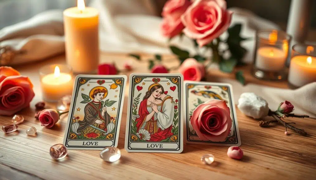 A beautifully arranged tarot card spread featuring the Tarot de Marseille, highlighting the theme of love. In the foreground, focus on three prominent tarot cards representing love, with intricate traditional illustrations and vivid colors. The middle layer includes a soft, wooden table surface adorned with delicate crystals and roses, contributing to a romantic atmosphere. In the background, softly blurred candles flicker, casting warm, golden light to create an intimate mood. Include a hint of a mystic ambiance with gentle shadows and an ethereal quality. The overall scene should evoke curiosity and warmth, emphasizing the exploration of love through tarot readings. A beautifully arranged tarot card spread featuring the Tarot de Marseille, highlighting the theme of love. In the foreground, focus on three prominent tarot cards representing love, with intricate traditional illustrations and vivid colors. The middle layer includes a soft, wooden table surface adorned with delicate crystals and roses, contributing to a romantic atmosphere. In the background, softly blurred candles flicker, casting warm, golden light to create an intimate mood. Include a hint of a mystic ambiance with gentle shadows and an ethereal quality. The overall scene should evoke curiosity and warmth, emphasizing the exploration of love through tarot readings.