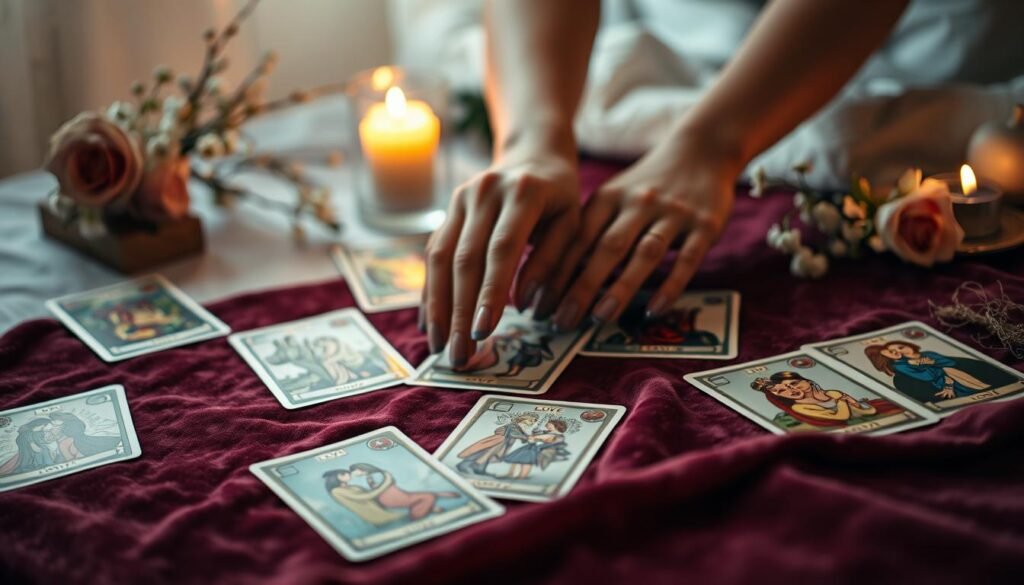 A beautifully arranged tarot card spread focused on love, set in a softly lit, intimate atmosphere. In the foreground, several colorful tarot cards depicting symbols of romance, such as hearts and intertwined couples, laid out on a plush velvet cloth. In the middle ground, a pair of elegant hands gently touching the cards, suggesting curiosity and contemplation. The background features a softly glowing candle and delicate flowers, adding to the mood of reflection. The lighting is warm and inviting, casting gentle shadows that enhance the mystical vibe. The overall atmosphere feels serene and introspective, perfect for inviting deeper insights into love and emotions. A beautifully arranged tarot card spread focused on love, set in a softly lit, intimate atmosphere. In the foreground, several colorful tarot cards depicting symbols of romance, such as hearts and intertwined couples, laid out on a plush velvet cloth. In the middle ground, a pair of elegant hands gently touching the cards, suggesting curiosity and contemplation. The background features a softly glowing candle and delicate flowers, adding to the mood of reflection. The lighting is warm and inviting, casting gentle shadows that enhance the mystical vibe. The overall atmosphere feels serene and introspective, perfect for inviting deeper insights into love and emotions.