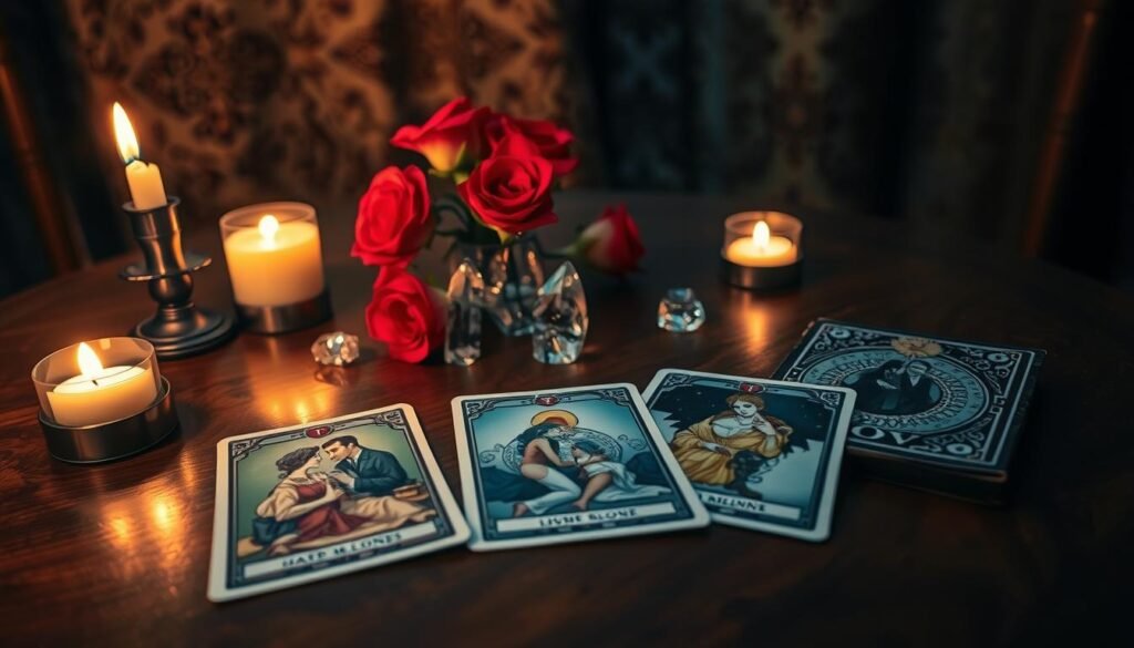 A beautifully arranged tarot card spread focused on love, set on an ornate wooden table. In the foreground, three tarot cards displaying romantic imagery are fanned out, with an intricately designed tarot deck nearby. Soft candlelight flickers gently, casting warm glows that enhance the mysterious atmosphere. In the middle ground, there are delicate crystals and a small vase of vibrant red roses, symbolizing love and passion. The background features a softly blurred tapestry or curtain with mystical patterns. The lighting is dim and inviting, creating an intimate mood that encourages reflection and connection. The angle is slightly overhead, emphasizing the tarot cards while ensuring a sense of depth and intrigue. A beautifully arranged tarot card spread focused on love, set on an ornate wooden table. In the foreground, three tarot cards displaying romantic imagery are fanned out, with an intricately designed tarot deck nearby. Soft candlelight flickers gently, casting warm glows that enhance the mysterious atmosphere. In the middle ground, there are delicate crystals and a small vase of vibrant red roses, symbolizing love and passion. The background features a softly blurred tapestry or curtain with mystical patterns. The lighting is dim and inviting, creating an intimate mood that encourages reflection and connection. The angle is slightly overhead, emphasizing the tarot cards while ensuring a sense of depth and intrigue.
