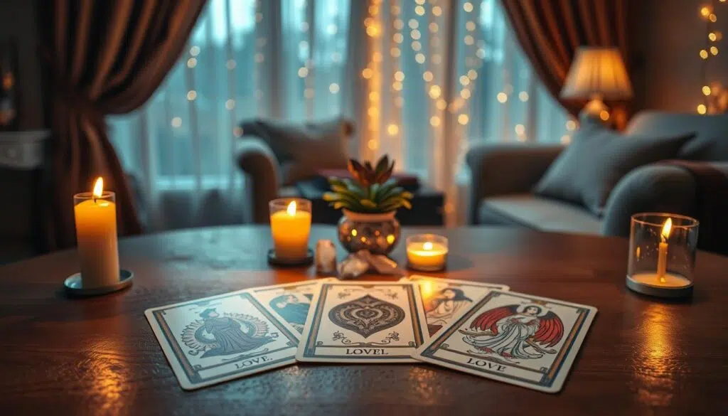 A cozy tarot reading scene featuring a beautifully arranged tarot deck on a wooden table. In the foreground, focus on three tarot cards laid out in a fan shape, illuminated by warm candlelight, casting soft shadows. In the middle, a set of delicate crystals and a small potted plant add to the mystical ambiance. The background shows an elegant, softly lit room with rich drapes and twinkling fairy lights, enhancing the intimate atmosphere. The mood is contemplative and serene, inviting reflection. Soft, diffused lighting creates a magical effect, emphasizing the cards’ intricate illustrations, perfect for exploring love interpretations in tarot. No people are depicted in the image. A cozy tarot reading scene featuring a beautifully arranged tarot deck on a wooden table. In the foreground, focus on three tarot cards laid out in a fan shape, illuminated by warm candlelight, casting soft shadows. In the middle, a set of delicate crystals and a small potted plant add to the mystical ambiance. The background shows an elegant, softly lit room with rich drapes and twinkling fairy lights, enhancing the intimate atmosphere. The mood is contemplative and serene, inviting reflection. Soft, diffused lighting creates a magical effect, emphasizing the cards’ intricate illustrations, perfect for exploring love interpretations in tarot. No people are depicted in the image.