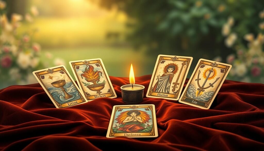 A mystical and enchanting illustration of the "Arcanos Menores" tarot cards, intricately displayed in a circular formation on a rich, dark velvet cloth. The foreground features a few prominent cards, showcasing detailed imagery like cups filled with flowing water, wands ablaze with vibrant energy, and swords piercing through clouds, each symbolizing different aspects of emotion and destiny. In the middle, a gentle glow emanates from a soft candlelight, casting warm tones and subtle shadows across the cards. The background should be a blurred, ethereal garden scene, with soft hues of green and gold, suggesting a dreamy atmosphere. The overhead lighting creates a serene and introspective mood, while maintaining a sense of wonder about love and fate.