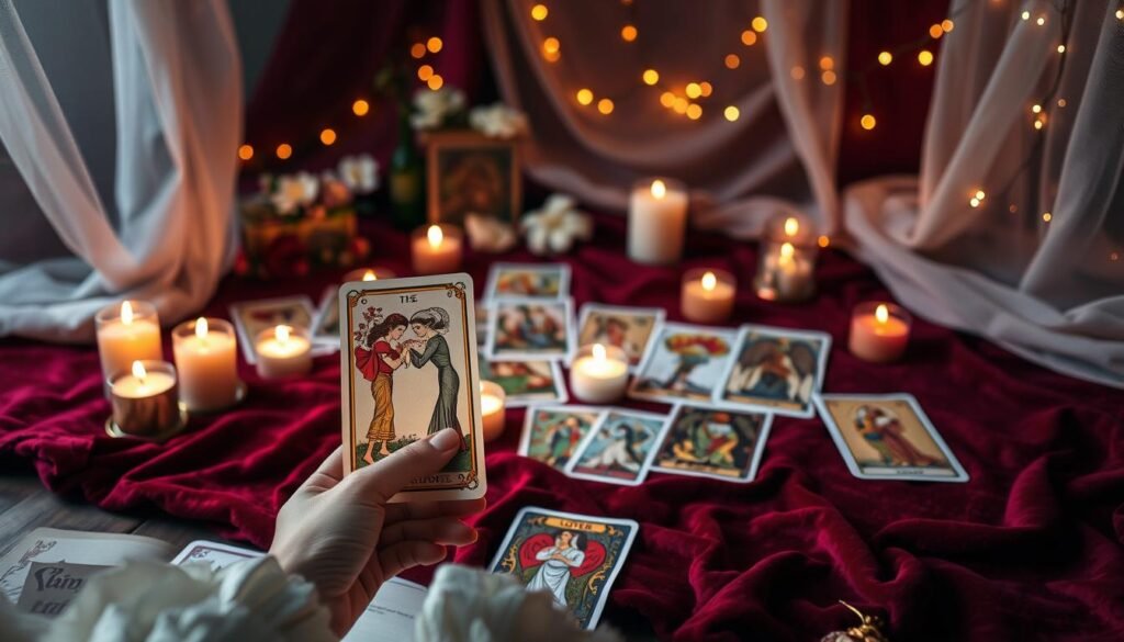 A mystical and enchanting tarot card spread centered around love and relationships, featuring beautifully illustrated tarot cards depicting symbols of love, like hearts and intertwined figures. In the foreground, a pair of elegant hands delicately holds a card, revealing a vibrant image of the Lovers card. The middle ground showcases a rich velvet table adorned with various tarot cards in intricate designs surrounded by softly glowing candles, casting warm light across the scene. In the background, an ethereal aura with sparkling fairy lights creates a dreamlike atmosphere. Soft shadows and a slightly blurred depth of field add to the mystique, evoking a sense of discovery and introspection into the emotions and connections within relationships. A mystical and enchanting tarot card spread centered around love and relationships, featuring beautifully illustrated tarot cards depicting symbols of love, like hearts and intertwined figures. In the foreground, a pair of elegant hands delicately holds a card, revealing a vibrant image of the Lovers card. The middle ground showcases a rich velvet table adorned with various tarot cards in intricate designs surrounded by softly glowing candles, casting warm light across the scene. In the background, an ethereal aura with sparkling fairy lights creates a dreamlike atmosphere. Soft shadows and a slightly blurred depth of field add to the mystique, evoking a sense of discovery and introspection into the emotions and connections within relationships.