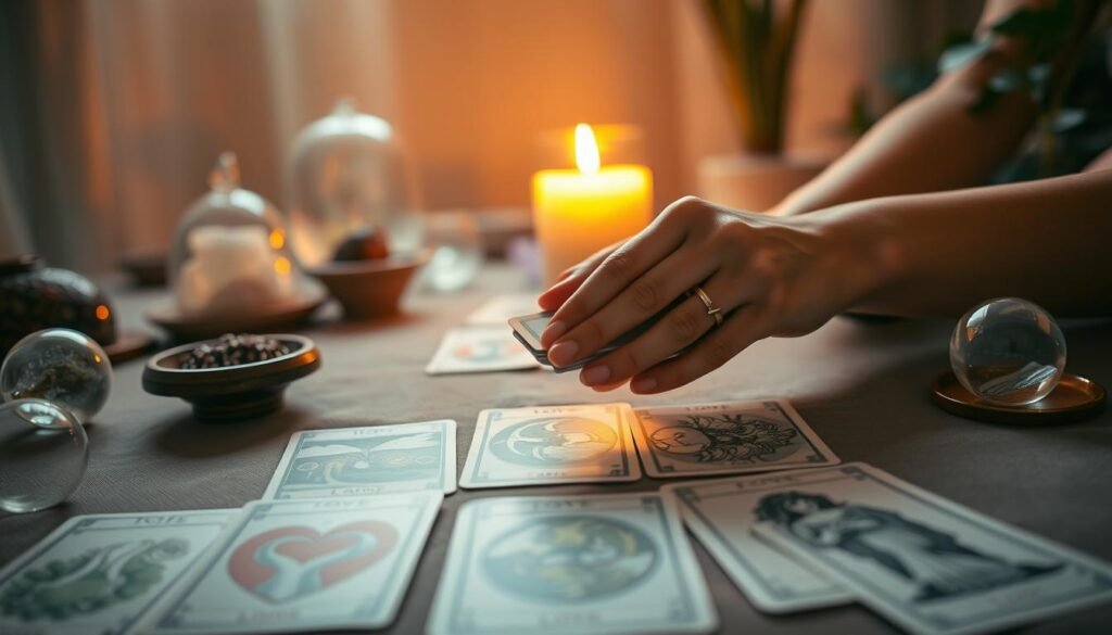 A mystical and inviting tarot table set up in a softly lit room, the foreground features an elegantly designed tarot deck, its cards displayed face-up, revealing symbolic imagery related to love and relationships. In the middle, a pair of hands, adorned with simple rings, gently shuffles a few cards while a glowing candle casts a warm light over the scene. The background includes subtle elements like crystal balls and plants, enhancing the mystical atmosphere. The lighting is soft and warm, creating an intimate and mysterious mood, with a slight focus on the tarot cards to draw the viewer's attention. The composition has a balanced perspective, inviting the viewer into this serene space of divination and self-discovery. A mystical and inviting tarot table set up in a softly lit room, the foreground features an elegantly designed tarot deck, its cards displayed face-up, revealing symbolic imagery related to love and relationships. In the middle, a pair of hands, adorned with simple rings, gently shuffles a few cards while a glowing candle casts a warm light over the scene. The background includes subtle elements like crystal balls and plants, enhancing the mystical atmosphere. The lighting is soft and warm, creating an intimate and mysterious mood, with a slight focus on the tarot cards to draw the viewer's attention. The composition has a balanced perspective, inviting the viewer into this serene space of divination and self-discovery.
