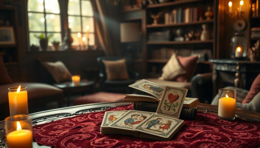 A mystical, enigmatic scene illustrating the origins of tarot as a love oracle. In the foreground, an ornate wooden table adorned with a vintage velvet cloth holds a beautifully illustrated tarot deck, with cards depicting romantic symbols and themes like hearts, lovers, and destiny. The middle ground features soft, glowing candles casting warm, flickering light that creates deep shadows, enhancing the magical atmosphere. In the background, a richly decorated room with ancient bookshelves filled with old texts about tarot history, wooden trinkets, and plush cushions invites contemplation. The lighting is soft and ethereal, with a focus on the tarot cards, captured through a shallow depth of field to draw the viewer’s attention. The overall mood is mysterious, inviting, and reflective, suggesting the deep connection between tarot and matters of the heart.