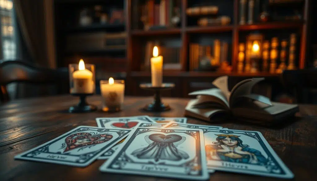 A mystical scene depicting a beautifully arranged Gypsy tarot deck, scattered delicately on a wooden table. The foreground features elegantly illustrated tarot cards, specifically focused on hearts and pathways, symbolizing love and emotions. In the middle ground, a gentle, ethereal light emanates from a flickering candle, casting warm shadows that create a sense of intimacy and reflection. The background reveals a softly blurred setting of a cozy, inviting room, with rich, dark wooden shelves lined with mysterious books and artifacts. The overall mood is contemplative and warm, suggesting the exploration of feelings and connections. The lighting is soft and golden, enhancing a romantic atmosphere, while the lens captures a slightly angled view, drawing attention to the enchanting details of the tarot cards. A mystical scene depicting a beautifully arranged Gypsy tarot deck, scattered delicately on a wooden table. The foreground features elegantly illustrated tarot cards, specifically focused on hearts and pathways, symbolizing love and emotions. In the middle ground, a gentle, ethereal light emanates from a flickering candle, casting warm shadows that create a sense of intimacy and reflection. The background reveals a softly blurred setting of a cozy, inviting room, with rich, dark wooden shelves lined with mysterious books and artifacts. The overall mood is contemplative and warm, suggesting the exploration of feelings and connections. The lighting is soft and golden, enhancing a romantic atmosphere, while the lens captures a slightly angled view, drawing attention to the enchanting details of the tarot cards.