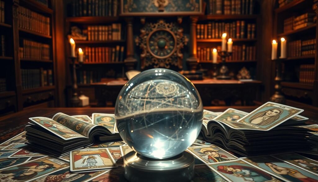 A mystical scene depicting the concept of "Previsões e Numerologia", showcasing various numerological symbols intricately woven into a tapestry of tarot cards. In the foreground, a crystal ball radiates soft, ethereal light, casting shimmering reflections. Surrounding it, tarot cards featuring images of love, destiny, and personal growth are partially fanned out, hinting at the exploration of emotions. In the middle ground, a beautifully ornate wooden table is set against an ancient, dimly lit backdrop of shelves filled with old tomes and candles, creating an enchanting and introspective atmosphere. The lighting is warm and inviting, emphasizing the allure of the cards and numerology. The angle is slightly elevated, allowing a full view of the tableau while creating a sense of depth, inviting the viewer into this mystical world.