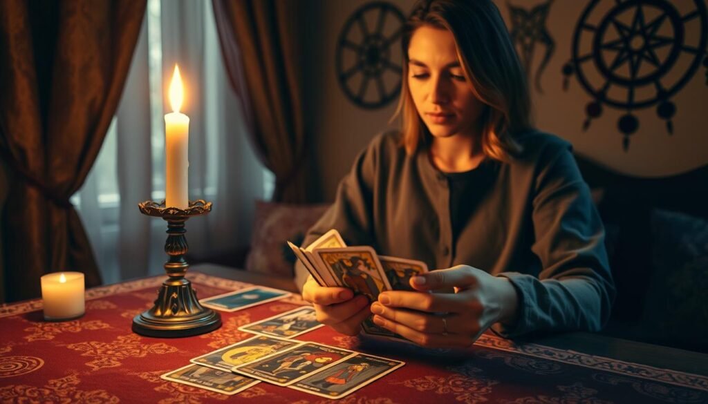 A mystical scene featuring a well-lit tarot reading table set in a cozy, warmly lit room. In the foreground, a serene individual in modest casual clothing gently shuffles a deck of tarot cards, focusing intently, with a few cards fanned out before them showing symbolic imagery of love and destiny. In the middle ground, an ornate candle flickers, casting soft shadows that enhance a magical atmosphere. Background elements include richly textured curtains and mysterious symbols on the wall, hinting at hidden meanings. Soft, ethereal lighting highlights the essence of intuition and connection. The overall mood is introspective and inviting, perfect for exploring the hidden depths of emotions within tarot readings.