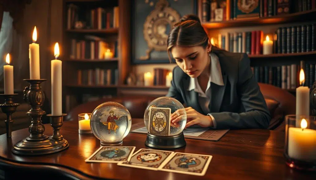 A mystical tarot card reading scene set in a softly lit, cozy room filled with rich, warm colors. In the foreground, a beautifully decorated wooden table adorned with three tarot cards, each depicting symbols of emotions such as love, confusion, and clarity. An elegant crystal ball rests beside the cards, reflecting the gentle light of flickering candles that cast dancing shadows on the walls. In the middle ground, a person in modest casual clothing, with an approachable and thoughtful expression, leans over the table, carefully examining the cards, as if seeking profound insights. The background features shelves lined with books and more tarot decks, enhancing the atmosphere of spiritual exploration and introspection. The overall mood is one of curiosity and warmth, inviting viewers into the world of tarot for understanding feelings. A mystical tarot card reading scene set in a softly lit, cozy room filled with rich, warm colors. In the foreground, a beautifully decorated wooden table adorned with three tarot cards, each depicting symbols of emotions such as love, confusion, and clarity. An elegant crystal ball rests beside the cards, reflecting the gentle light of flickering candles that cast dancing shadows on the walls. In the middle ground, a person in modest casual clothing, with an approachable and thoughtful expression, leans over the table, carefully examining the cards, as if seeking profound insights. The background features shelves lined with books and more tarot decks, enhancing the atmosphere of spiritual exploration and introspection. The overall mood is one of curiosity and warmth, inviting viewers into the world of tarot for understanding feelings.