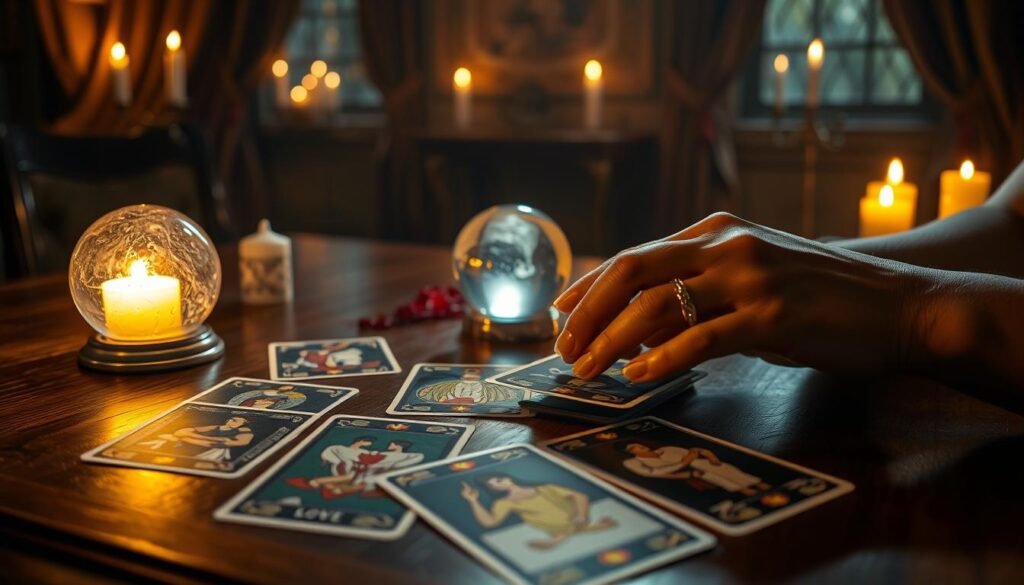 A mystical tarot card reading scene set on an elegant wooden table, featuring a beautifully illustrated tarot deck with cards spread out, each representing love and emotional connection. In the foreground, a pair of hands delicately shuffles the cards, adorned with simple silver rings for a touch of elegance. In the middle ground, a softly glowing crystal ball emanates warm light, illuminating the cards with a magical aura. The background features a dimly lit room with rich tapestries and flickering candles casting playful shadows, creating an intimate and enchanting ambiance. The scene is captured with a warm filter, mimicking soft candlelight, enhancing the feeling of mystery and allure. The overall atmosphere invites viewers to explore the depths of love and emotions through the art of tarot. A mystical tarot card reading scene set on an elegant wooden table, featuring a beautifully illustrated tarot deck with cards spread out, each representing love and emotional connection. In the foreground, a pair of hands delicately shuffles the cards, adorned with simple silver rings for a touch of elegance. In the middle ground, a softly glowing crystal ball emanates warm light, illuminating the cards with a magical aura. The background features a dimly lit room with rich tapestries and flickering candles casting playful shadows, creating an intimate and enchanting ambiance. The scene is captured with a warm filter, mimicking soft candlelight, enhancing the feeling of mystery and allure. The overall atmosphere invites viewers to explore the depths of love and emotions through the art of tarot.