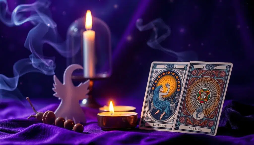 A mystical tarot card spread depicting sentiments, with three beautifully illustrated tarot cards prominently displayed in the foreground, showcasing symbols of love, intuition, and emotional connection. The middle ground features a gently glowing candle, its light flickering softly, casting warm, inviting shadows. In the background, a rich tapestry of deep purples and blues, creating an ethereal atmosphere filled with stars and delicate, floating wisps of smoke. The overall lighting is soft yet dramatic, emphasizing the intricate designs on the tarot cards while inviting a sense of curiosity and introspection. The image conveys a serene and contemplative mood, perfect for exploring the emotional depths of interpersonal relationships. A mystical tarot card spread depicting sentiments, with three beautifully illustrated tarot cards prominently displayed in the foreground, showcasing symbols of love, intuition, and emotional connection. The middle ground features a gently glowing candle, its light flickering softly, casting warm, inviting shadows. In the background, a rich tapestry of deep purples and blues, creating an ethereal atmosphere filled with stars and delicate, floating wisps of smoke. The overall lighting is soft yet dramatic, emphasizing the intricate designs on the tarot cards while inviting a sense of curiosity and introspection. The image conveys a serene and contemplative mood, perfect for exploring the emotional depths of interpersonal relationships.