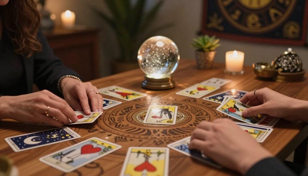 A mystical tarot card spread on an intricately designed wooden table, featuring vibrant love-themed tarot cards adorned with symbols of hearts, the moon, and stars. In the foreground, a pair of hands delicately shuffling the cards, adorned with simple, elegant rings. In the middle ground, a softly glowing crystal ball reflects the warm light, casting gentle shadows. In the background, a dimly lit, cozy room filled with mystical decor, including candles, plants, and wall hangings depicting astrological signs. The atmosphere is serene and introspective, with a hint of magic in the air, inviting self-discovery and connection to one's emotions. Soft, warm lighting enhances the intimate feel of the scene, creating a tranquil space for reflection and insight. A mystical tarot card spread on an intricately designed wooden table, featuring vibrant love-themed tarot cards adorned with symbols of hearts, the moon, and stars. In the foreground, a pair of hands delicately shuffling the cards, adorned with simple, elegant rings. In the middle ground, a softly glowing crystal ball reflects the warm light, casting gentle shadows. In the background, a dimly lit, cozy room filled with mystical decor, including candles, plants, and wall hangings depicting astrological signs. The atmosphere is serene and introspective, with a hint of magic in the air, inviting self-discovery and connection to one's emotions. Soft, warm lighting enhances the intimate feel of the scene, creating a tranquil space for reflection and insight.