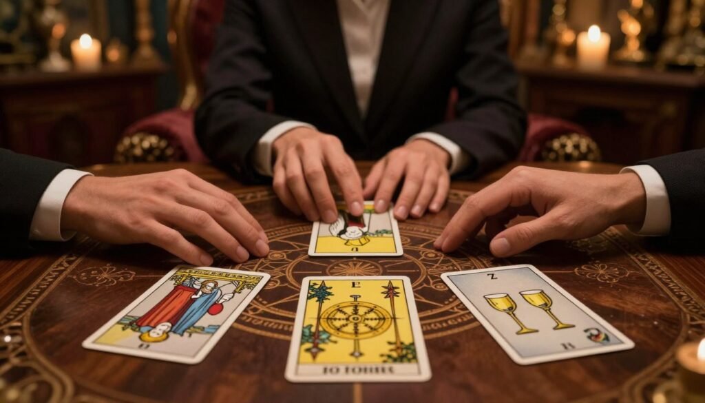 A mystical tarot card spread on an ornate wooden table, illuminated by soft, warm candlelight. In the foreground, three intricately designed tarot cards featuring symbols of love and destiny—such as the Lovers, the Wheel of Fortune, and the Two of Cups—are spread out. In the middle, a pair of hands, adorned with delicate rings, gently touching the cards, suggesting a connection to intuition and fate. The background is softly blurred, showcasing a dimly lit room with rich, plush fabrics, and shelves filled with mystical artifacts, creating an enchanting atmosphere. The overall mood is one of intrigue and magic, evoking a sense of exploration into love and destiny as revealed through tarot.
