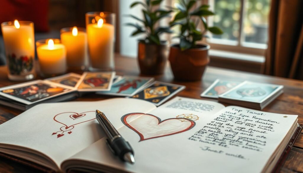 A mystical tarot journal spreads open on a wooden table, showcasing vibrant tarot cards depicting symbols of love and destiny. The foreground highlights delicate, hand-drawn illustrations of a heart intertwined with celestial elements, with a pen resting beside it. In the middle, the journal's pages are adorned with handwritten notes about personal reflections and insights gained from practicing tarot. The background features softly glowing candles and a subtle hint of an indoor garden, adding natural elements. The room is bathed in warm, golden lighting that creates an inviting atmosphere, reminiscent of a cozy study. The focus is on the journal and cards, capturing the essence of self-discovery and the romantic intricacies of tarot, while exuding a sense of tranquility and introspection.