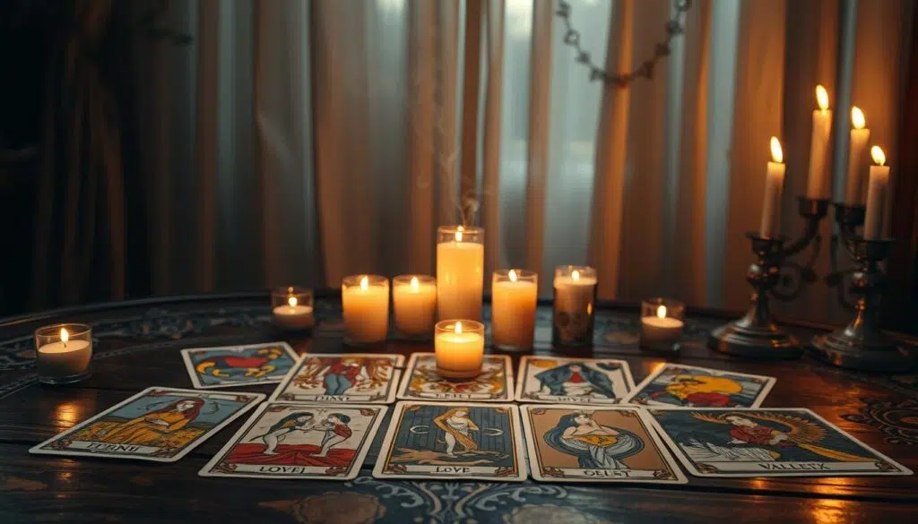 A mystical tarot reading scene focused on hidden emotions and future insights, featuring a beautifully arranged tarot spread on an ornate wooden table. In the foreground, vividly drawn tarot cards displaying symbolic imagery of love, secrets, and destiny. The middle ground includes soft, glowing candlelight surrounding the cards, casting gentle shadows. In the background, a softly draped curtain adds depth, with subtle mystical symbols faintly visible. The lighting is warm and inviting, creating a serene atmosphere conducive to introspection. A hint of smoke from incense rises in the air, adding to the mystical ambiance. Capture the essence of discovering hidden feelings, with an emphasis on emotion and spirituality, all presented in a calm and professional manner. A mystical tarot reading scene focused on hidden emotions and future insights, featuring a beautifully arranged tarot spread on an ornate wooden table. In the foreground, vividly drawn tarot cards displaying symbolic imagery of love, secrets, and destiny. The middle ground includes soft, glowing candlelight surrounding the cards, casting gentle shadows. In the background, a softly draped curtain adds depth, with subtle mystical symbols faintly visible. The lighting is warm and inviting, creating a serene atmosphere conducive to introspection. A hint of smoke from incense rises in the air, adding to the mystical ambiance. Capture the essence of discovering hidden feelings, with an emphasis on emotion and spirituality, all presented in a calm and professional manner.