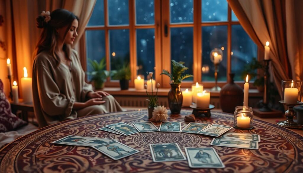 A mystical tarot reading scene set in a softly lit, cozy room filled with warm, inviting colors. In the foreground, a beautiful tarot deck is elegantly spread out on an intricately designed table, with cards depicting symbols of love, relationships, and connection. To the left, a serene fortune teller, dressed in modest, flowing attire, gazes thoughtfully at the cards, surrounded by candles casting a gentle glow. The middle ground features delicate plants and crystals enhancing the atmosphere of tranquility. In the background, a softly blurred window reveals a night sky sprinkled with stars, evoking a sense of magic and reflection. The mood is introspective and hopeful, inviting viewers to explore the energy of the moment in love. A mystical tarot reading scene set in a softly lit, cozy room filled with warm, inviting colors. In the foreground, a beautiful tarot deck is elegantly spread out on an intricately designed table, with cards depicting symbols of love, relationships, and connection. To the left, a serene fortune teller, dressed in modest, flowing attire, gazes thoughtfully at the cards, surrounded by candles casting a gentle glow. The middle ground features delicate plants and crystals enhancing the atmosphere of tranquility. In the background, a softly blurred window reveals a night sky sprinkled with stars, evoking a sense of magic and reflection. The mood is introspective and hopeful, inviting viewers to explore the energy of the moment in love.