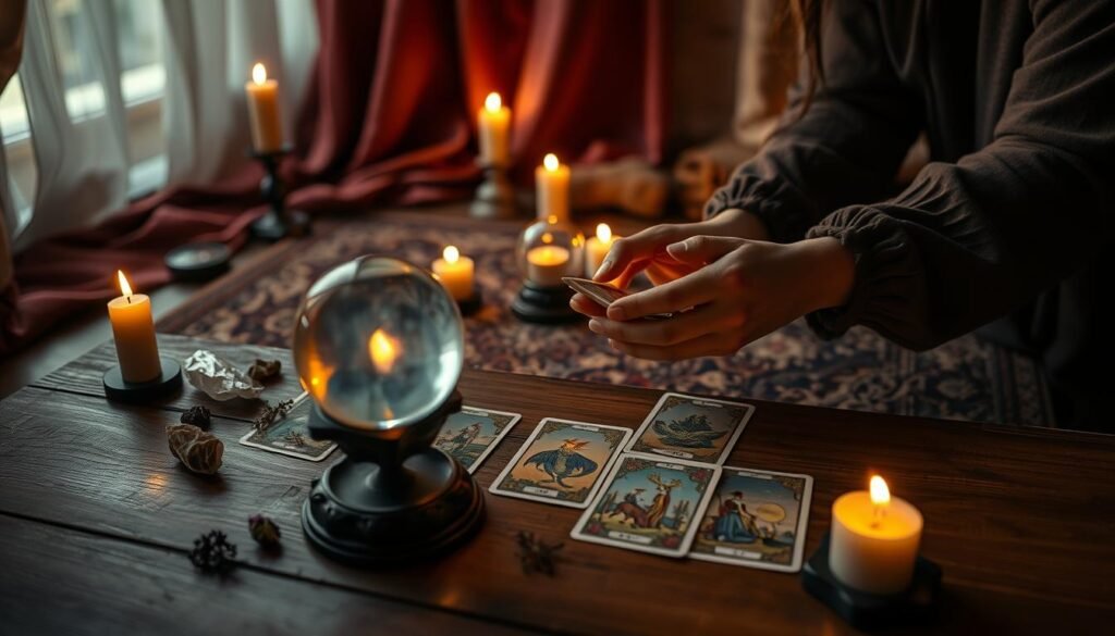 A mystical tarot reading scene set in a warm, inviting atmosphere. In the foreground, a wooden table is adorned with a beautifully illustrated tarot deck and a crystal ball, casting a soft, magical glow. A pair of hands, modestly dressed, gently shuffles the tarot cards, with flickering candlelight creating dancing shadows. In the middle ground, an ornate rug with intricate patterns adds texture, surrounded by subtly placed decorative elements like crystals and herbs. The background features soft draped fabrics in rich, deep colors, suggesting a cozy, intimate space. The overall mood is serene and contemplative, with warm lighting that enhances the sense of mystery and introspection, suitable for an online tarot reading experience. A mystical tarot reading scene set in a warm, inviting atmosphere. In the foreground, a wooden table is adorned with a beautifully illustrated tarot deck and a crystal ball, casting a soft, magical glow. A pair of hands, modestly dressed, gently shuffles the tarot cards, with flickering candlelight creating dancing shadows. In the middle ground, an ornate rug with intricate patterns adds texture, surrounded by subtly placed decorative elements like crystals and herbs. The background features soft draped fabrics in rich, deep colors, suggesting a cozy, intimate space. The overall mood is serene and contemplative, with warm lighting that enhances the sense of mystery and introspection, suitable for an online tarot reading experience.