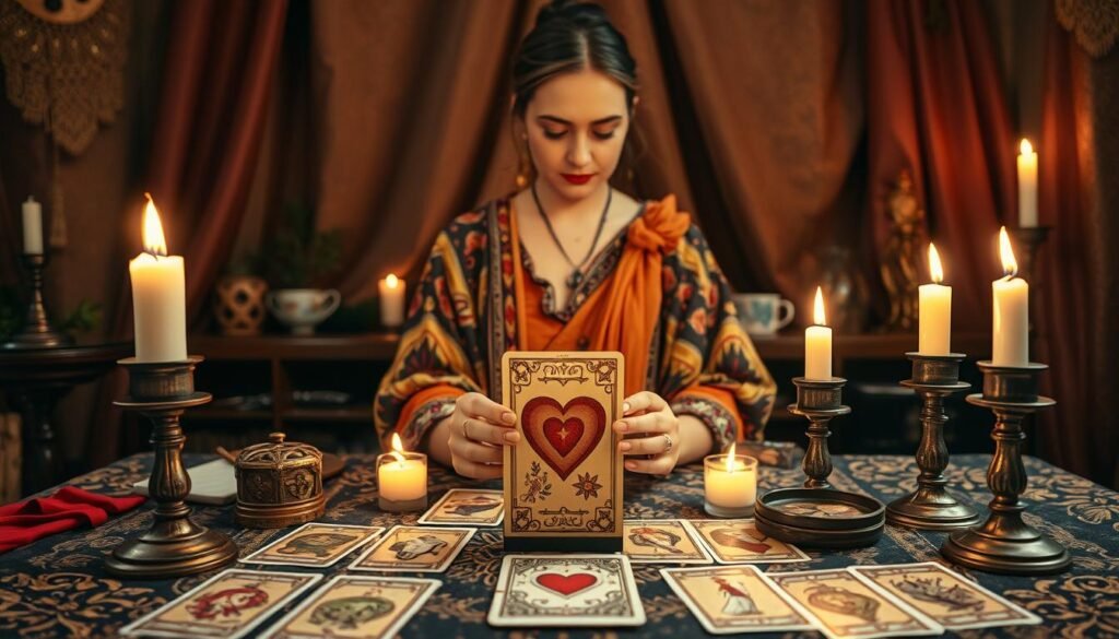 A mystical tarot reading scene taking place in a softly lit tarot studio. In the foreground, an elegantly arranged table featuring a spread of tarot cards, with a focus on a prominent love-themed card, surrounded by burning candles casting gentle shadows. In the middle, a skilled tarot reader, dressed in modest, colorful clothing, intently examining the cards, with an expression of deep concentration. The background features richly textured drapes and various mystical artifacts, enhancing the atmosphere of enchantment and introspection. Soft, warm lighting to create a cozy, inviting mood, reminiscent of a serene moment of emotional discovery. The image captures the essence of love and connection through tarot interpretations. A mystical tarot reading scene taking place in a softly lit tarot studio. In the foreground, an elegantly arranged table featuring a spread of tarot cards, with a focus on a prominent love-themed card, surrounded by burning candles casting gentle shadows. In the middle, a skilled tarot reader, dressed in modest, colorful clothing, intently examining the cards, with an expression of deep concentration. The background features richly textured drapes and various mystical artifacts, enhancing the atmosphere of enchantment and introspection. Soft, warm lighting to create a cozy, inviting mood, reminiscent of a serene moment of emotional discovery. The image captures the essence of love and connection through tarot interpretations.