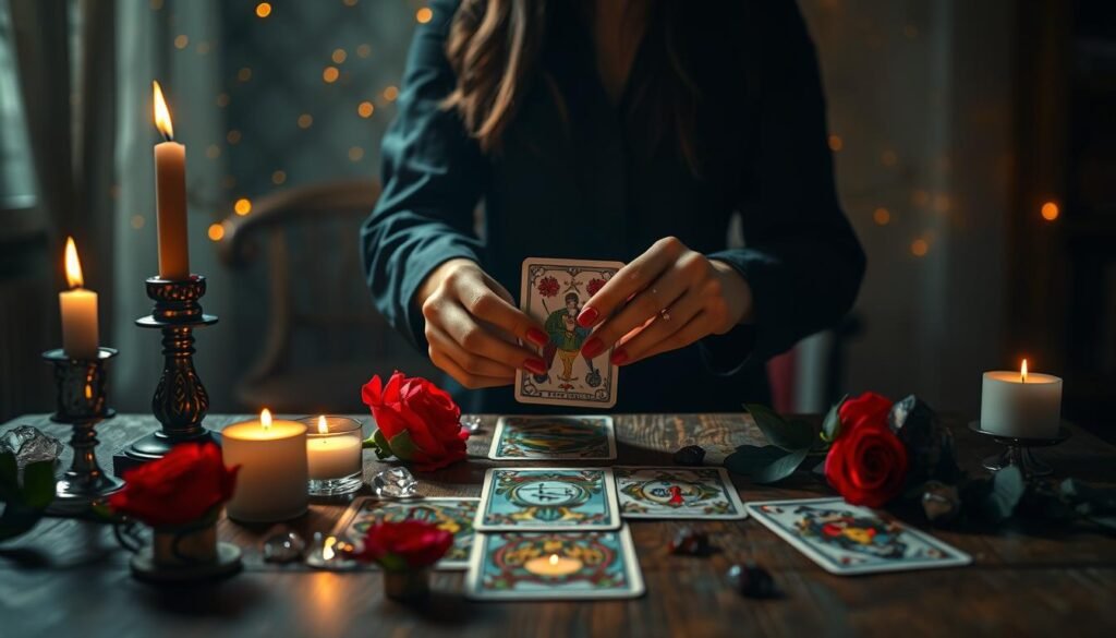 A mystical tarot scene set in a softly lit room, showcasing the Major Arcana cards with a focus on The Lovers card, symbolizing love and union. In the foreground, a wooden table adorned with candles, crystals, and blooming red roses enhances the romantic atmosphere. The middle ground features a pair of hands gently shuffling tarot cards, conveying a sense of connection and intimacy. The background is a dimly lit, ethereal space filled with floating golden sparks, creating a magical ambiance. The lighting casts warm, inviting shadows that evoke a feeling of mystery and spirituality, while maintaining a soft focus, reminiscent of a tranquil, reflective moment in love.