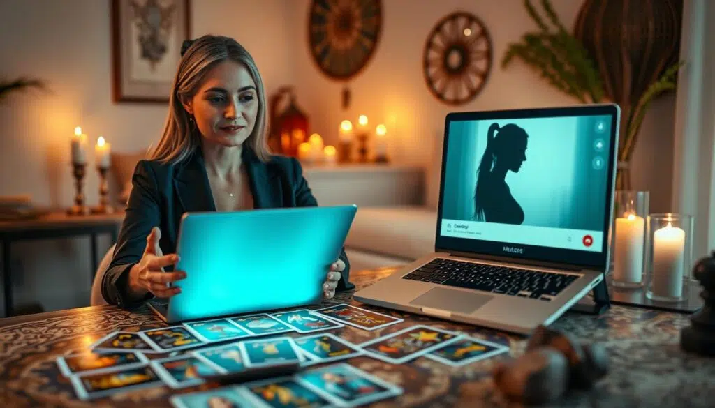 A serene and inviting online tarot consultation scene. In the foreground, a tarot reader, dressed in professional business attire, is seated at a beautifully decorated table with an array of colorful tarot cards spread out. The reader has a focused expression, with their hands gently hovering over the cards, as if channeling energy. In the middle ground, a glowing laptop displays an open video call interface, showing a trusting client’s silhouette on the screen, deep in thought. The background features a softly lit room adorned with mystical decor, including candles and crystals, creating a calming atmosphere. Use soft, warm lighting to evoke a sense of intimacy and connection, with a slight depth of field to emphasize the tarot reader. The overall mood is one of spirituality, hope, and emotional insight. A serene and inviting online tarot consultation scene. In the foreground, a tarot reader, dressed in professional business attire, is seated at a beautifully decorated table with an array of colorful tarot cards spread out. The reader has a focused expression, with their hands gently hovering over the cards, as if channeling energy. In the middle ground, a glowing laptop displays an open video call interface, showing a trusting client’s silhouette on the screen, deep in thought. The background features a softly lit room adorned with mystical decor, including candles and crystals, creating a calming atmosphere. Use soft, warm lighting to evoke a sense of intimacy and connection, with a slight depth of field to emphasize the tarot reader. The overall mood is one of spirituality, hope, and emotional insight.