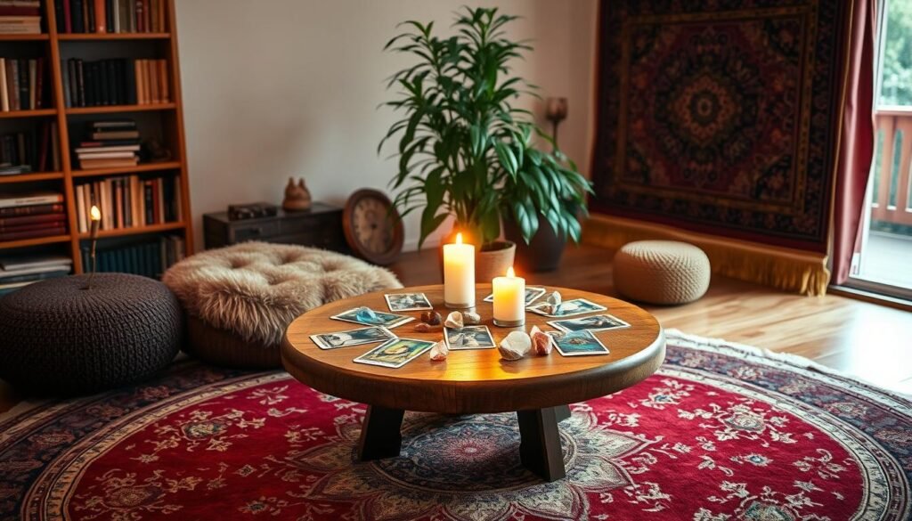 A serene and inviting tarot reading space, featuring a round wooden table adorned with colorful tarot cards and crystals, placed centrally in the foreground. Surrounding the table, a soft, glowing candle provides warm, flickering light, creating a tranquil atmosphere. In the middle ground, a plush, richly patterned rug offers comfort and depth to the scene, while a tall potted plant adds a touch of nature. The background reveals a softly lit room with shelves holding spiritual books and an ornate tapestry, enhancing the mystical ambiance. The color palette is warm and inviting, with deep reds, rich golds, and hints of purple, evoking a sense of spiritual preparation and mental focus for love readings. Overall, the scene captures a calm, contemplative mood, encouraging introspection and connection to one's intuition.