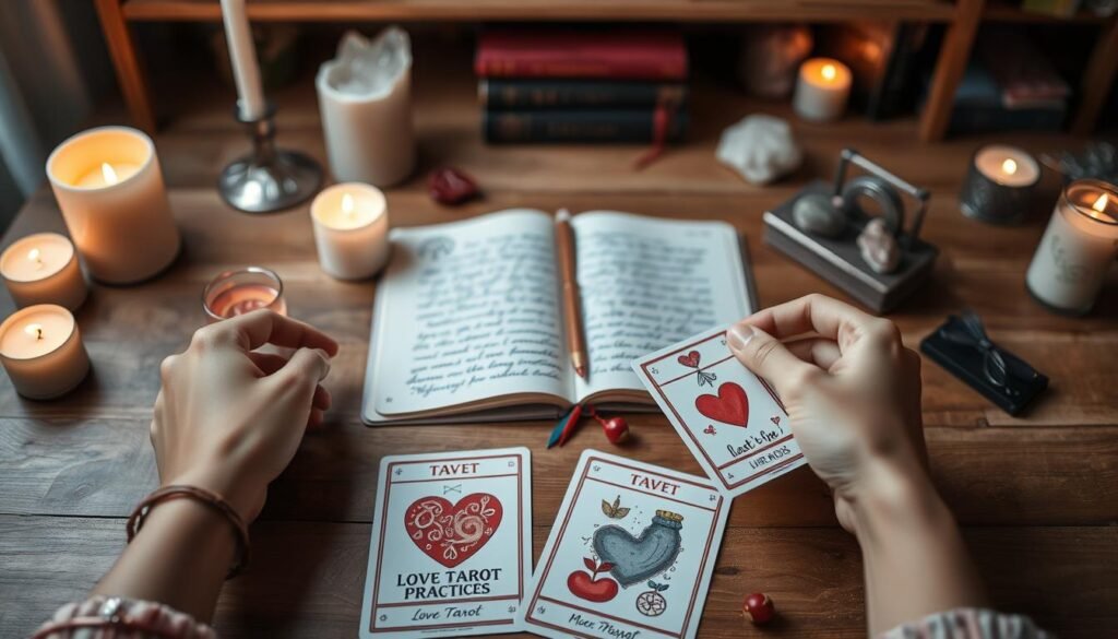 A serene and inviting workspace dedicated to love Tarot exercises. In the foreground, a wooden table is adorned with a beautifully illustrated Tarot deck featuring heart and romantic symbols. A pair of hands, elegantly poised and wearing a simple bracelet, shuffles the cards. The middle ground showcases an open journal with handwritten notes about love Tarot practices, surrounded by candles casting a warm glow. In the background, soft-focus shelves display mystical books and crystal decor, enhancing the atmosphere. The scene is illuminated by gentle, ambient lighting that creates a calm and introspective mood. The camera angle is slightly elevated, capturing the arrangement from above, inviting viewers into the mystical world of love Tarot.