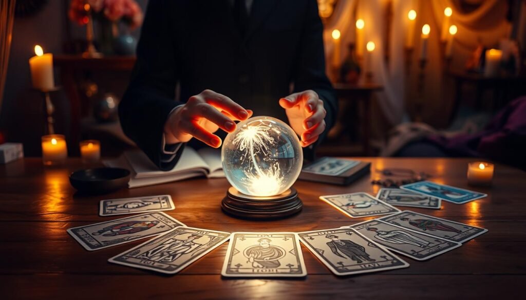 A serene and mystical tarot reading setting, featuring a beautifully arranged tarot spread on a wooden table. In the foreground, a pair of hands delicately shuffles a deck of ornate tarot cards, each adorned with intricate illustrations related to love and destiny. The middle layer showcases a glowing crystal ball, radiating soft light that casts enchanting shadows. In the background, a softly lit room filled with mystical artifacts—candles, incense, and draped fabrics—creates an inviting, ethereal atmosphere. Warm, golden illumination enhances the mystical mood, while hints of deep blue and purple hues evoke a sense of introspection. The image captures the essence of unraveling love’s mysteries through tarot, inviting viewers into a world of contemplation and insight.