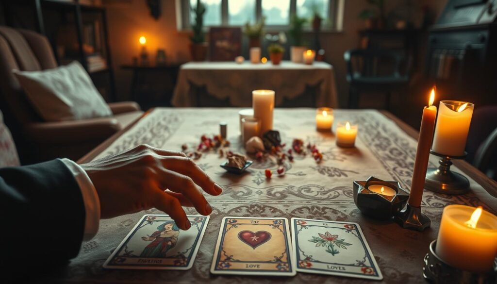 A serene tarot reading scene illuminated by soft, warm candlelight, capturing the essence of love and emotions. In the foreground, an intricately designed tarot spread displays cards featuring symbols of love, hearts, and emotions, with a focus on "The Lovers" card prominently positioned. A pair of hands, dressed in modest casual clothing, gently reaches towards the cards, symbolizing curiosity and introspection. In the middle, a beautifully embroidered tablecloth drapes over a rustic wooden table, adorned with dried flowers and crystals, enhancing the mystical atmosphere. The background fades into a cozy, dimly lit room with shelves of mystical books and plants, creating a nurturing environment. The mood is contemplative and inviting, encouraging reflection on feelings and connections. A serene tarot reading scene illuminated by soft, warm candlelight, capturing the essence of love and emotions. In the foreground, an intricately designed tarot spread displays cards featuring symbols of love, hearts, and emotions, with a focus on "The Lovers" card prominently positioned. A pair of hands, dressed in modest casual clothing, gently reaches towards the cards, symbolizing curiosity and introspection. In the middle, a beautifully embroidered tablecloth drapes over a rustic wooden table, adorned with dried flowers and crystals, enhancing the mystical atmosphere. The background fades into a cozy, dimly lit room with shelves of mystical books and plants, creating a nurturing environment. The mood is contemplative and inviting, encouraging reflection on feelings and connections.