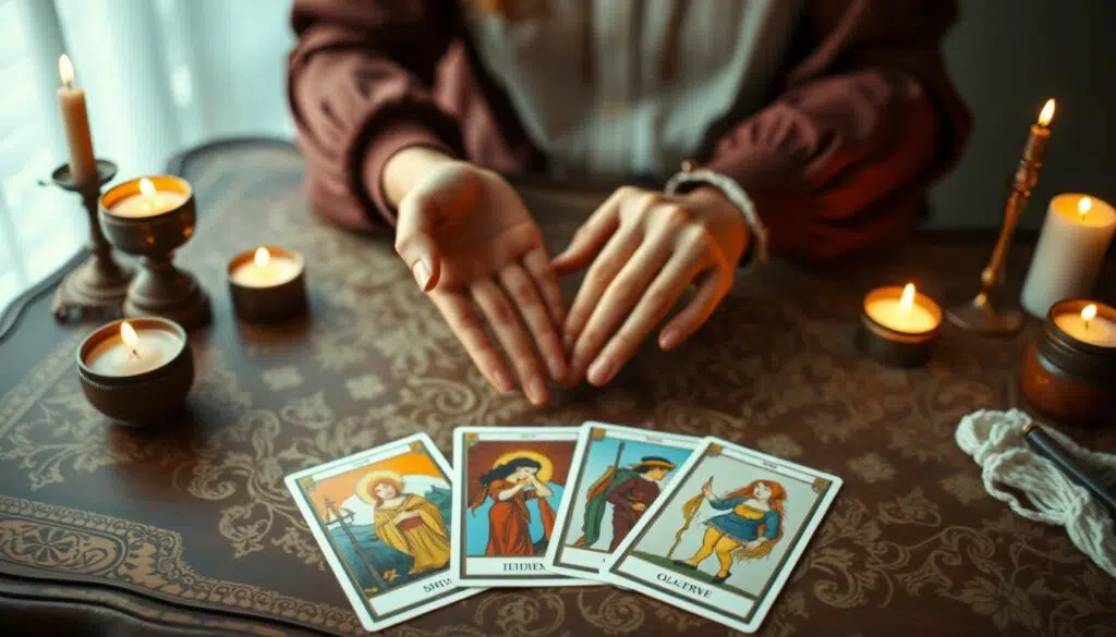 A serene tarot reading setup, featuring a vintage wooden table adorned with an intricately designed tarot cloth. In the foreground, three tarot cards are elegantly fanned out, displaying vibrant illustrations representing emotions and relationships. The middle ground showcases a pair of hands, elegantly dressed in modest attire, gently hovering over the cards, signifying contemplation and connection. In the background, soft candles cast a warm, flickering light, creating an inviting atmosphere filled with mystery and introspection. The overall ambiance is tranquil yet thought-provoking, with gentle shadows enhancing the depth of the scene. The lighting is soft and focused, emulating a cozy, intimate space for reflection. A serene tarot reading setup, featuring a vintage wooden table adorned with an intricately designed tarot cloth. In the foreground, three tarot cards are elegantly fanned out, displaying vibrant illustrations representing emotions and relationships. The middle ground showcases a pair of hands, elegantly dressed in modest attire, gently hovering over the cards, signifying contemplation and connection. In the background, soft candles cast a warm, flickering light, creating an inviting atmosphere filled with mystery and introspection. The overall ambiance is tranquil yet thought-provoking, with gentle shadows enhancing the depth of the scene. The lighting is soft and focused, emulating a cozy, intimate space for reflection.