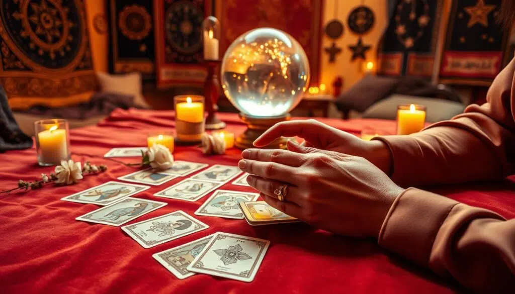 A serene tarot reading setup featuring an elegantly laid-out tarot deck on a soft, richly colored velvet cloth. In the foreground, a pair of hands gently shuffles the cards, adorned with simple rings. The middle ground includes a beautifully illuminated crystal ball, casting soft reflections, surrounded by scented candles and delicate flowers. The background reveals a cozy, dimly lit room filled with mystical decor, such as starry tapestries and mystical symbols hanging on the walls. Warm golden lighting creates an intimate atmosphere, casting gentle shadows that enhance the mystery of the scene. The image evokes a sense of curiosity and insight, harmonizing with the emotional theme of love and connection. A serene tarot reading setup featuring an elegantly laid-out tarot deck on a soft, richly colored velvet cloth. In the foreground, a pair of hands gently shuffles the cards, adorned with simple rings. The middle ground includes a beautifully illuminated crystal ball, casting soft reflections, surrounded by scented candles and delicate flowers. The background reveals a cozy, dimly lit room filled with mystical decor, such as starry tapestries and mystical symbols hanging on the walls. Warm golden lighting creates an intimate atmosphere, casting gentle shadows that enhance the mystery of the scene. The image evokes a sense of curiosity and insight, harmonizing with the emotional theme of love and connection.