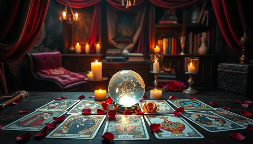 An enchanting tarot setup for "Tarot do Amor". In the foreground, a beautifully arranged tarot spread featuring various love-themed cards like The Lovers and The Two of Cups, each illustrated with intricate designs and vibrant colors. In the middle, a decorative crystal ball glowing softly, surrounded by rose petals and candles casting a warm, flickering light. The background showcases a mystical, dimly-lit room adorned with rich fabrics, velvet drapes, and ornate shelves filled with spiritual books and crystals. The scene captures an atmosphere of intrigue and romance, evoking curiosity about the secrets of love. Soft, ambient lighting enhances the magical mood, providing a dreamlike quality to this mystical exploration of emotions. No text, captions, or human subjects. An enchanting tarot setup for "Tarot do Amor". In the foreground, a beautifully arranged tarot spread featuring various love-themed cards like The Lovers and The Two of Cups, each illustrated with intricate designs and vibrant colors. In the middle, a decorative crystal ball glowing softly, surrounded by rose petals and candles casting a warm, flickering light. The background showcases a mystical, dimly-lit room adorned with rich fabrics, velvet drapes, and ornate shelves filled with spiritual books and crystals. The scene captures an atmosphere of intrigue and romance, evoking curiosity about the secrets of love. Soft, ambient lighting enhances the magical mood, providing a dreamlike quality to this mystical exploration of emotions. No text, captions, or human subjects.
