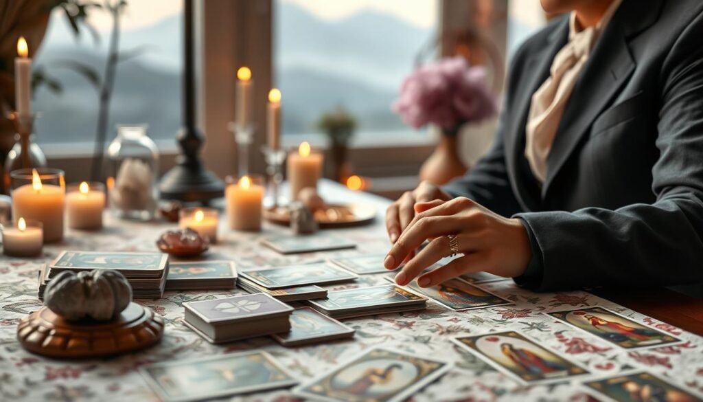 In a serene and intimate setting, a professional tarot reader sits at a beautifully adorned table with a variety of tarot cards spread out. The foreground features a close-up of the reader's hands, gracefully handling the cards, while the reader's face is partially visible, reflecting a thoughtful and ethical approach to tarot guidance. The middle ground showcases a softly lit, cozy space filled with mystical elements like candles, crystals, and a gentle aura. In the background, faint shadows of serene landscapes add depth to the atmosphere, suggesting introspection and responsibility. Soft, warm lighting bathes the scene, evoking a mood of trust and wisdom, ideal for exploring the ethical considerations in love-themed tarot readings.